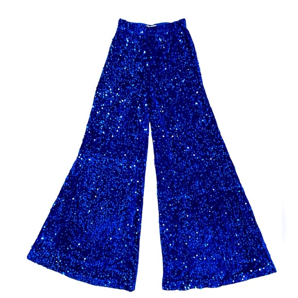 Royal Blue Sequined Flared Pants, Wide Leg High Waist Bell Bottoms sz Small - Picture 1 of 6